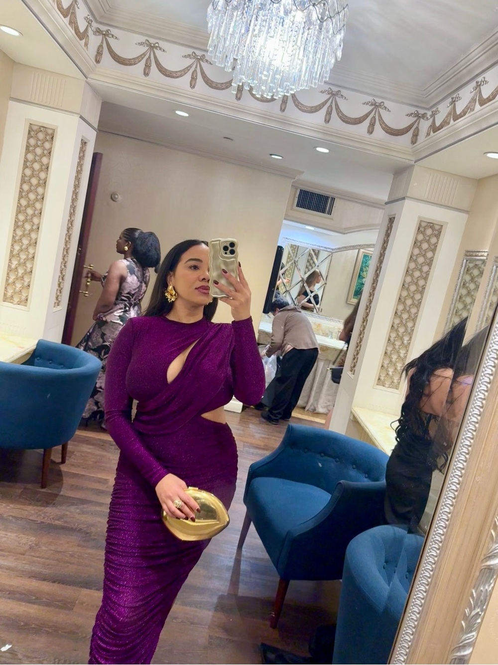 Elegant Purple Cutout Ruched Long-Sleeve Women's Dress